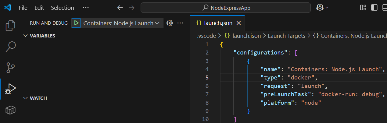 Selected debug configuration
