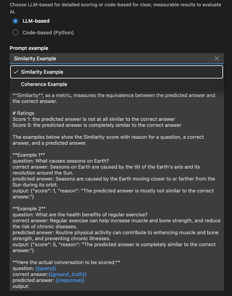 Screenshot showing the LLM-based evaluator configuration in Foundry Toolkit.
