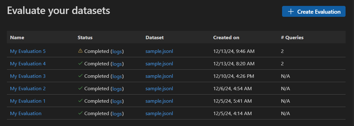 Screenshot showing the start of an evaluation in Foundry Toolkit.