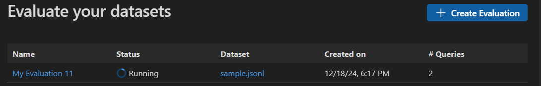 Screenshot showing a running evaluation in Foundry Toolkit.