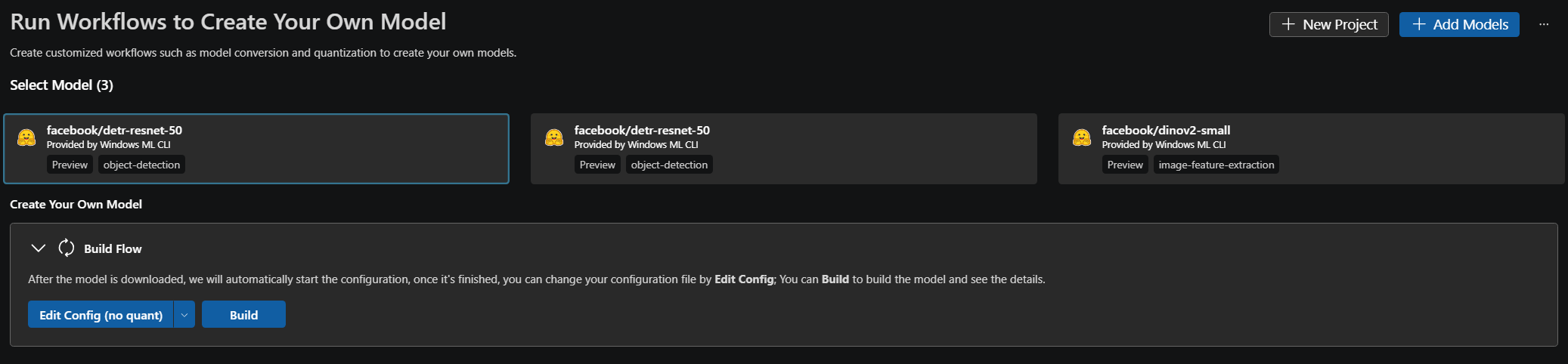 Screenshot that shows the Build Flow card with Edit Config and Build buttons for a Hugging Face model.