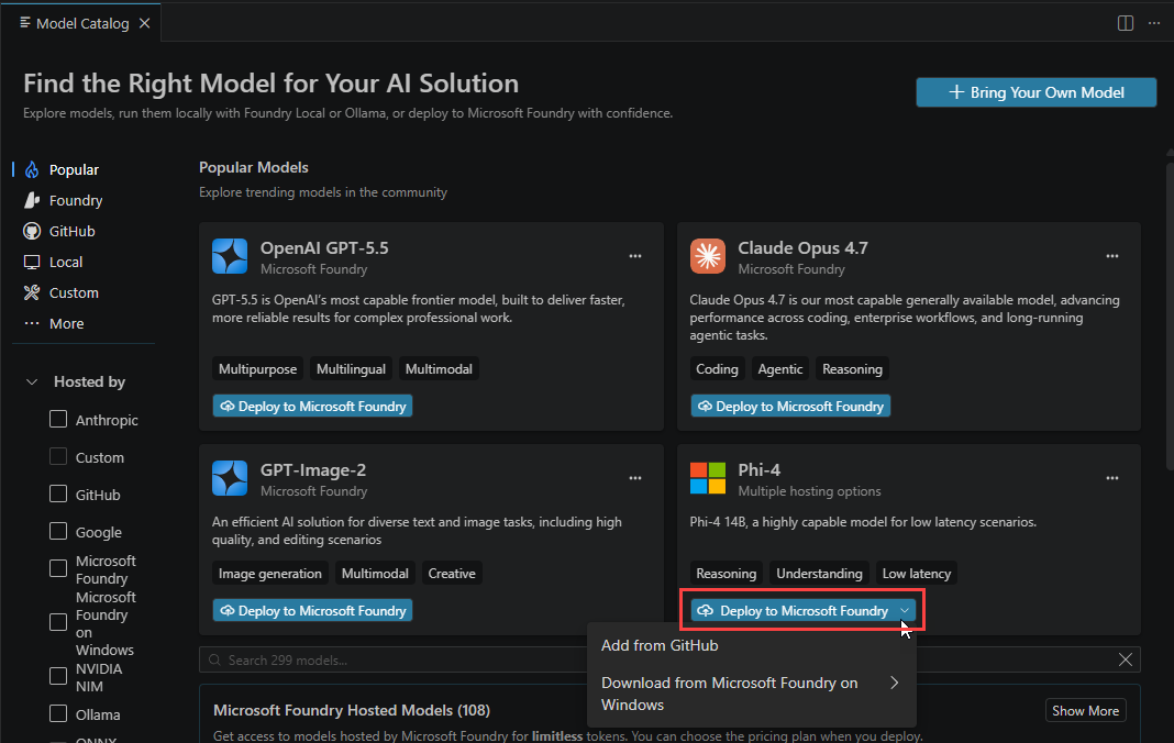 Screenshot of the Foundry Toolkit interface showing the model catalog with a model selected and the Deploy to Microsoft Foundry button highlighted.