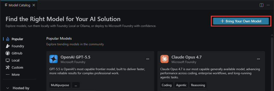 Screenshot of the Foundry Toolkit interface showing the model catalog with the Bring Your Own Model button highlighted.