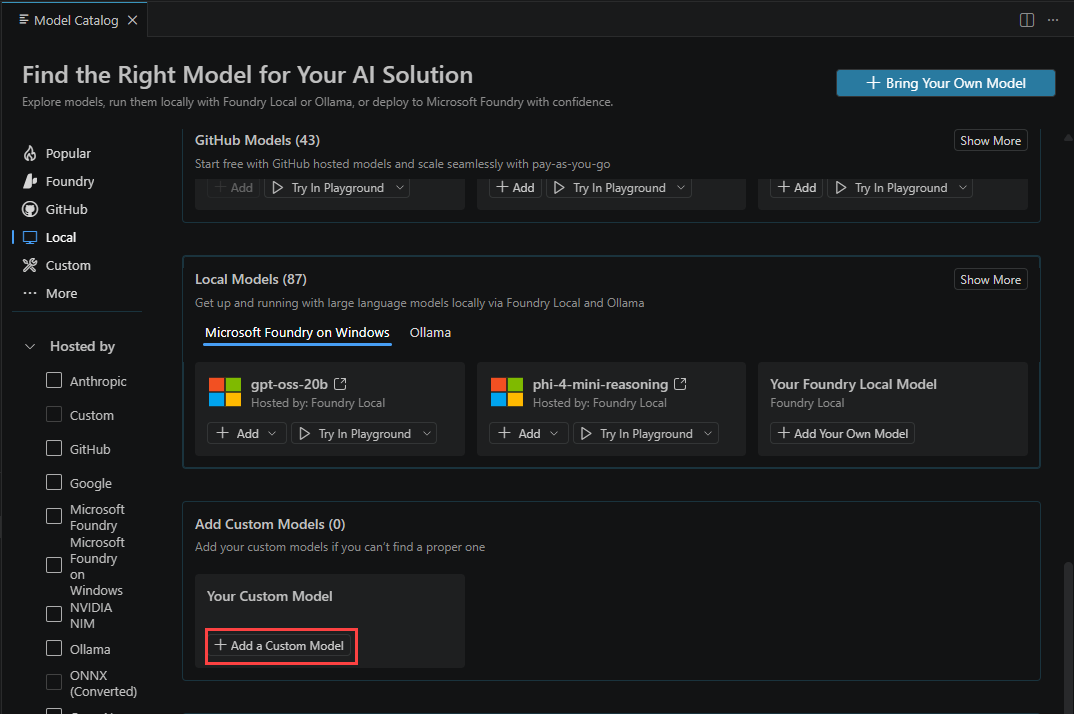 Screenshot of the Foundry Toolkit interface showing the model catalog with the Add a custom model button highlighted.