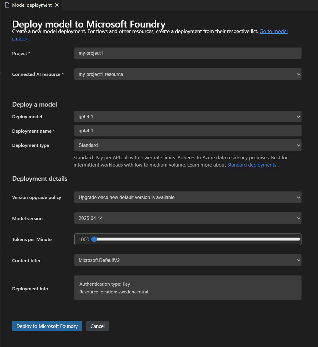 Screenshot of the Foundry Toolkit interface showing the model deployment tab with fields for model name, description, and additional settings.