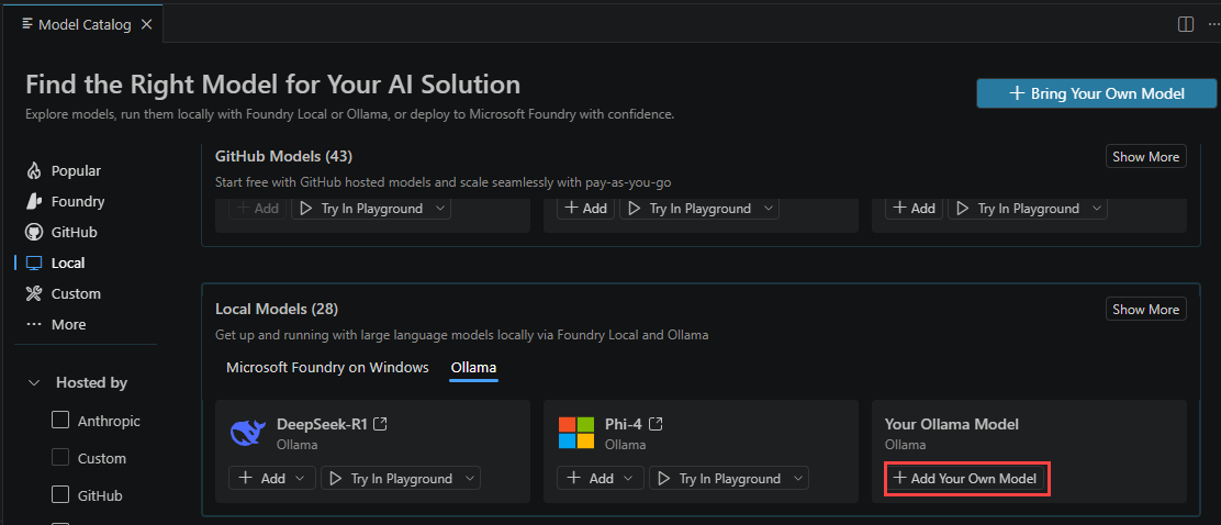 Screenshot of the plus button next to models in local resources.