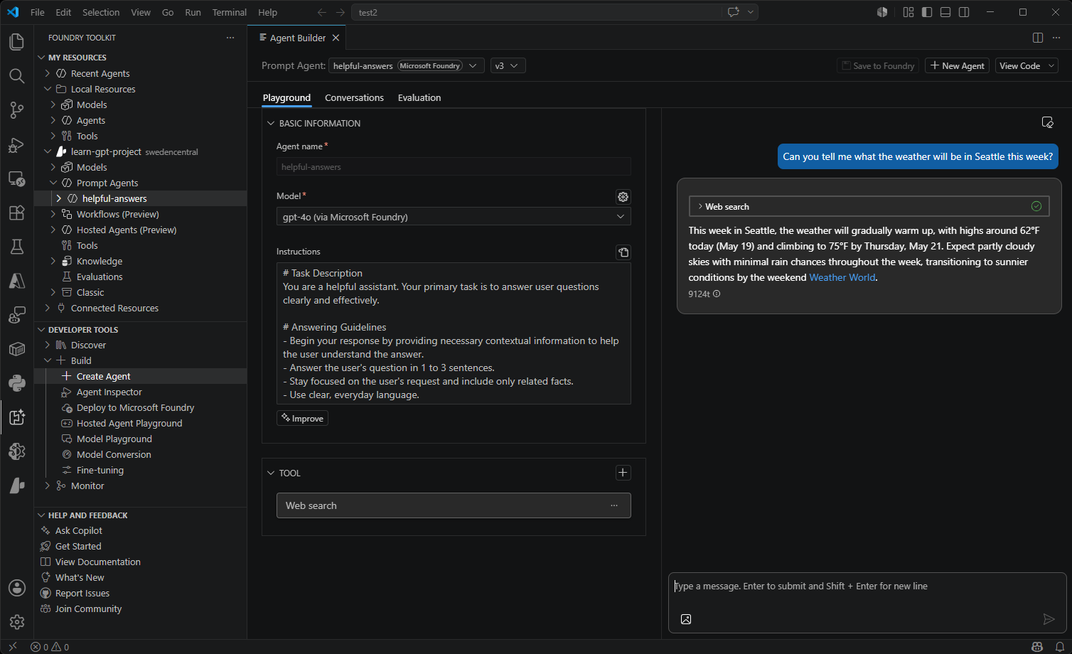 Screenshot showing the Agent Builder interface for creating and managing AI agents