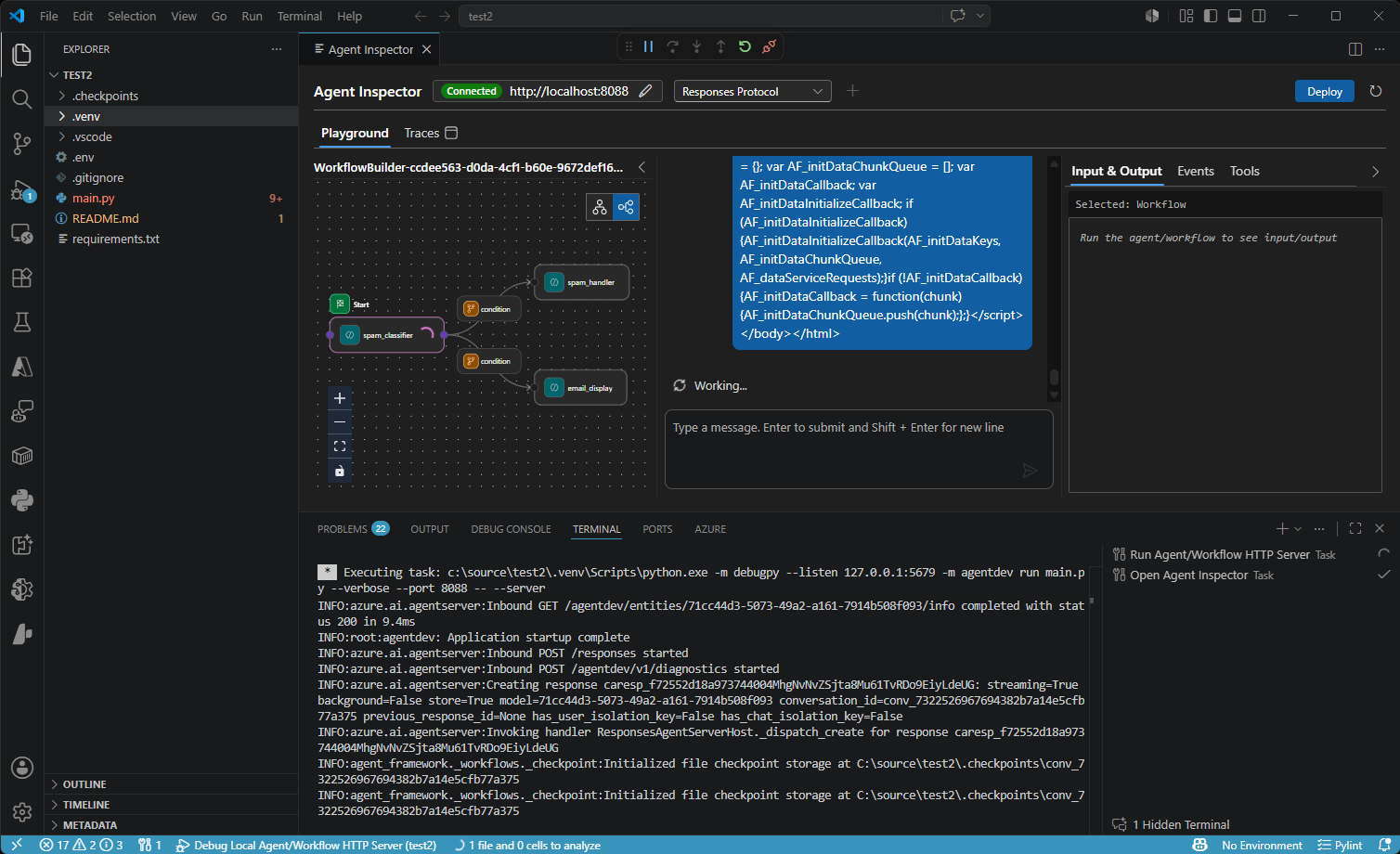 Screenshot showing the Agent Inspector interface for debugging and visualizing AI agents