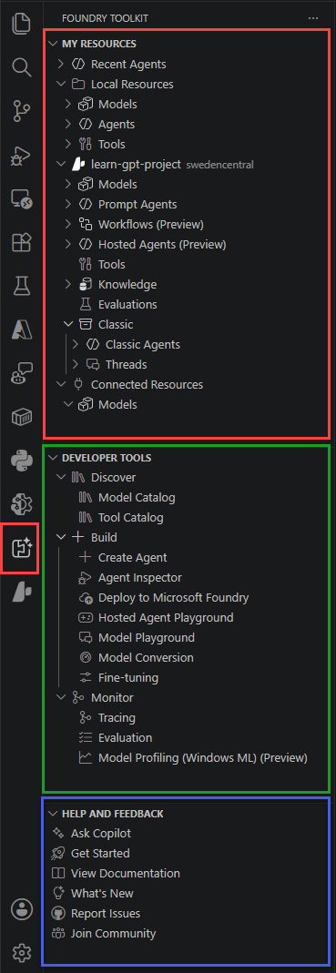 Screenshot showing the Foundry Toolkit Extension with highlighted sections."