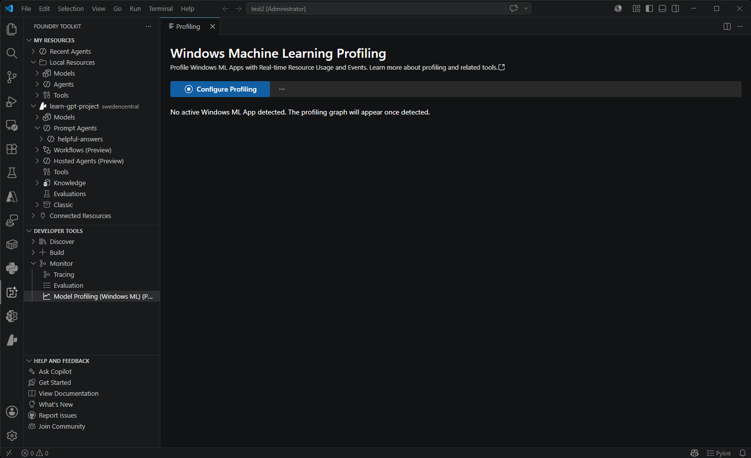 Screenshot showing the Profiling tool