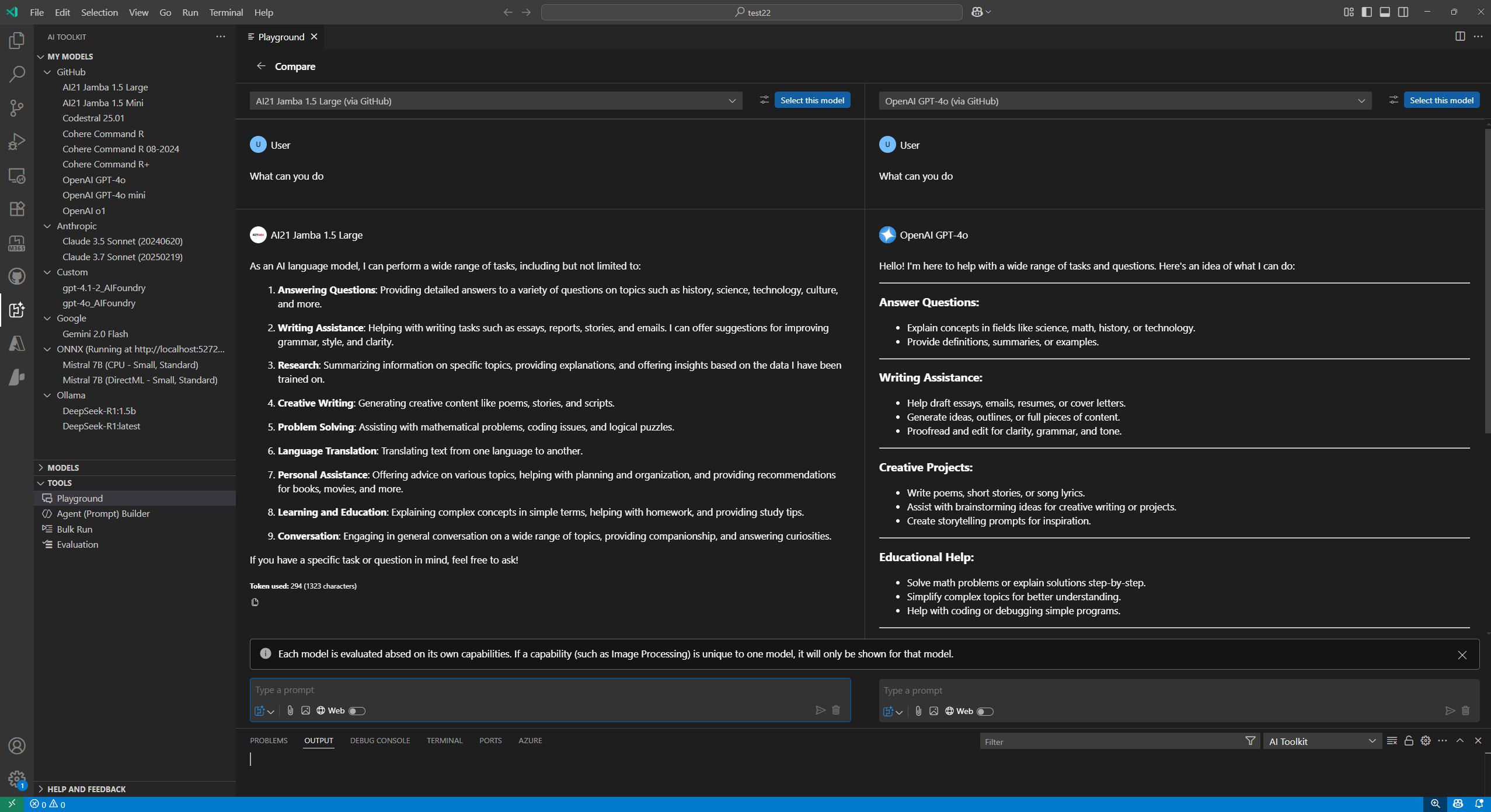 Screenshot showing side by side comparison of responses from different models in the Foundry Toolkit playground.
