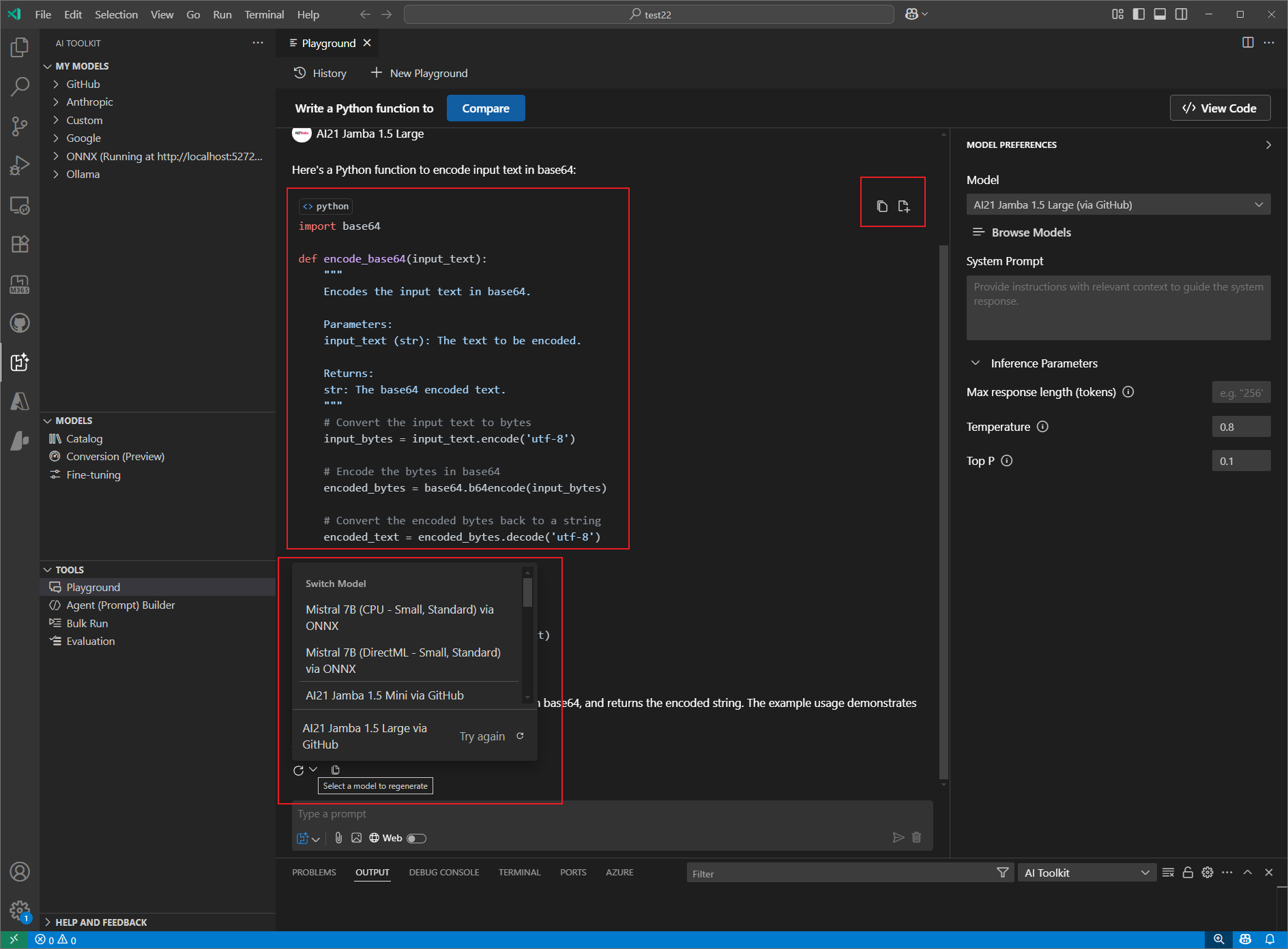 Foundry Toolkit playground response area showing a generated Python code snippet for encoding text in base64, with options to copy or regenerate the response.