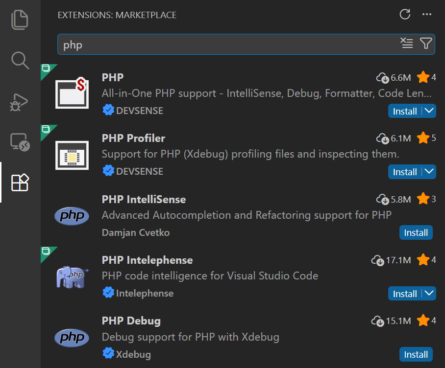 Searching for PHP in the Extensions view