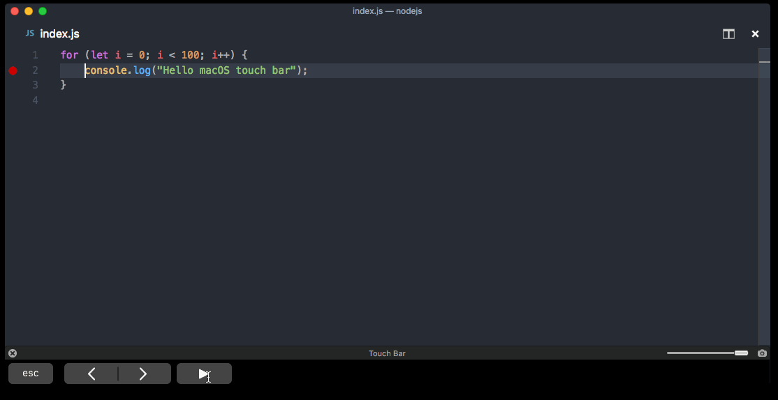 Screenshot showing VS Code Touch Bar actions on macOS.