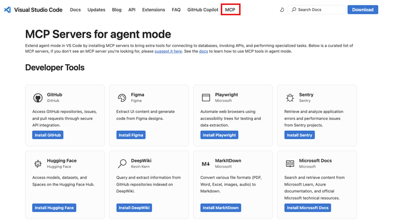 Screenshot that shows the MCP Servers page.