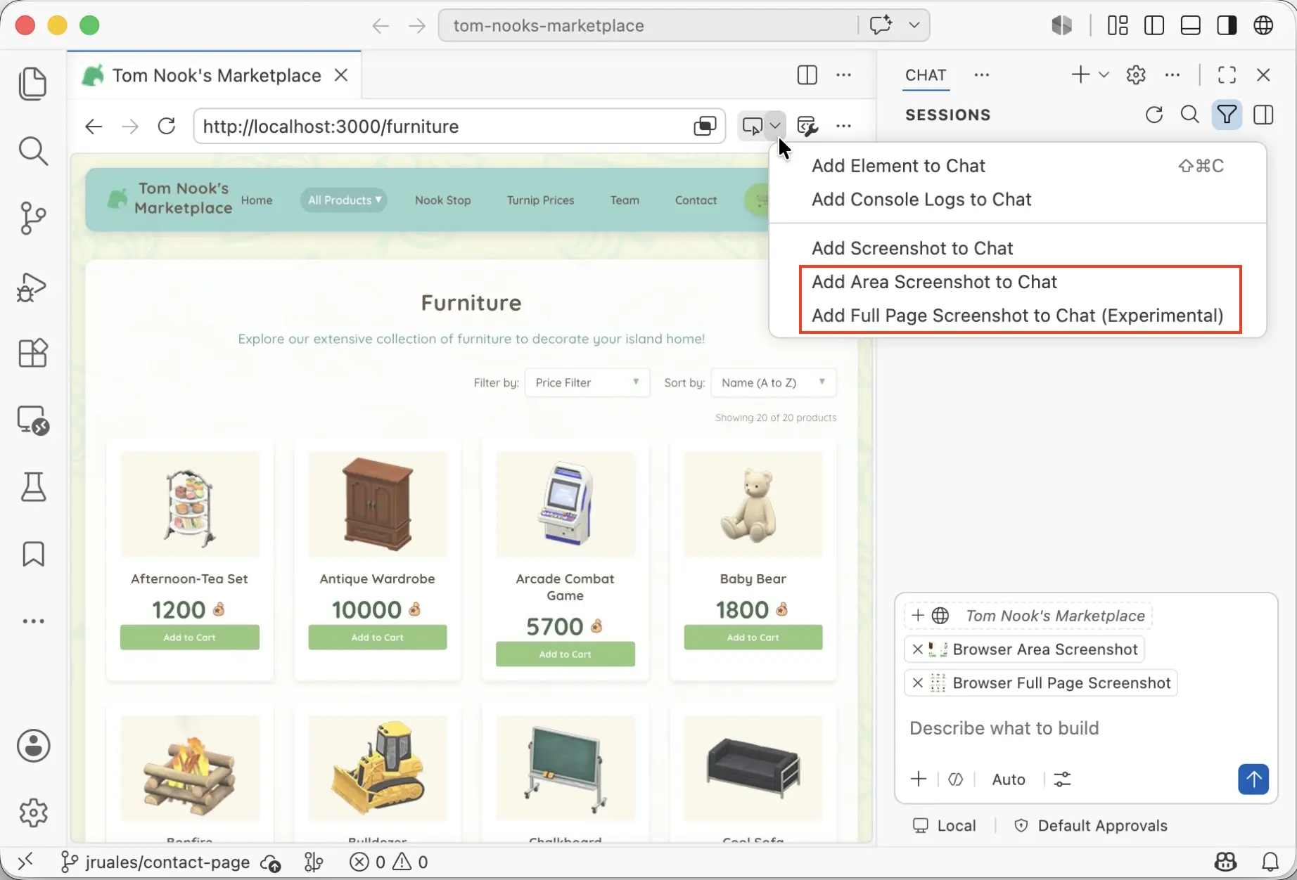 Screenshot of the integrated browser's Add to Chat menu showing the "Add Area Screenshot to Chat" and "Add Full Page Screenshot to Chat (Experimental)" options, with the captured screenshots attached as context in the Chat view.